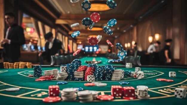 Baccarat table with cards dealt and players seated